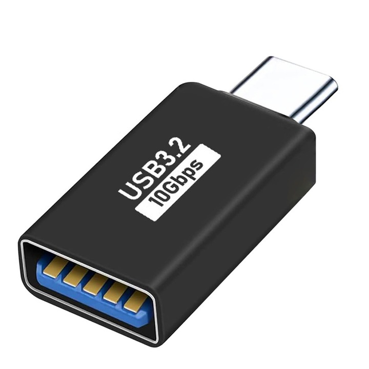 Adaptor OTG USB la USB Type C, Transfer Date de 10Gbps, Plug and Play, Aliaj de Aluminiu, Negru