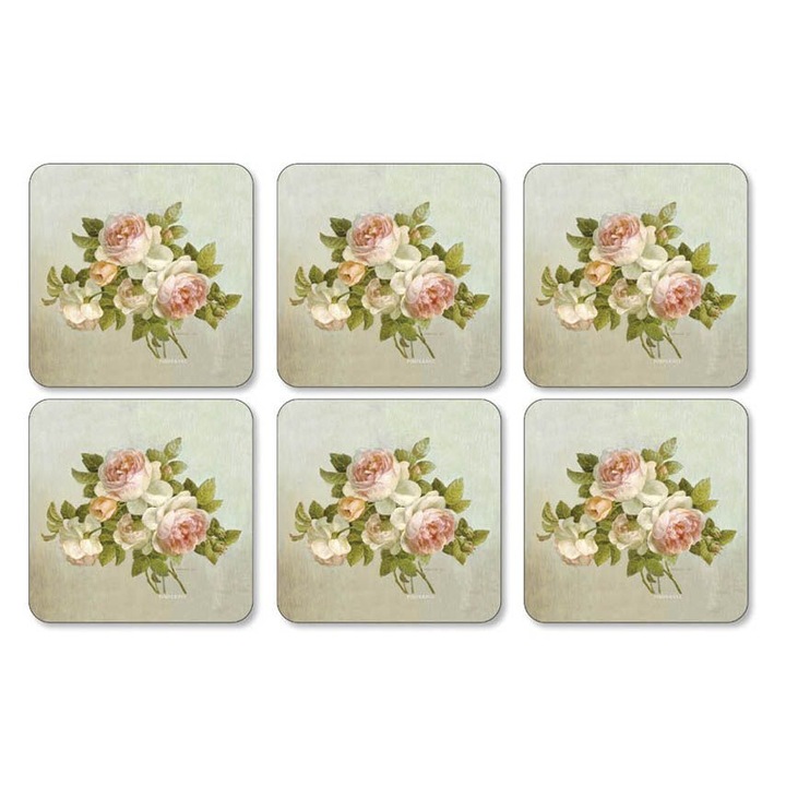 Set 6 suporturi pentru pahare Pimpernel Antique Rose, 10.5x10.5cm, pluta