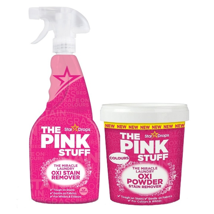 Set 2 x The Pink Stuff, Spray pentru indepartarea petelor 500 ml, Pudra impotriva petelor pentru rufe colorate 1kg