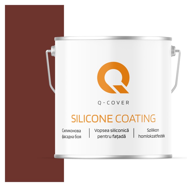 Vopsea siliconica pentru fatada, Q-Cover, Visiniu 3009, Mat, Pe baza de apa, Fara substante toxice, Rezistenta raze ultraviolete, Uscare rapida, Protectie impotriva coroziunii biologice, 5L