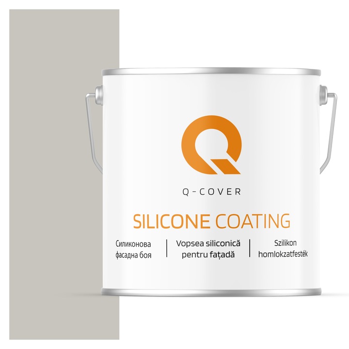 Vopsea siliconica pentru fatada, Q-Cover, Gri cenusiu F292, Mat, Pe baza de apa, Fara substante toxice, Rezistenta raze ultraviolete, Uscare rapida, Protectie impotriva coroziunii biologice, 5L
