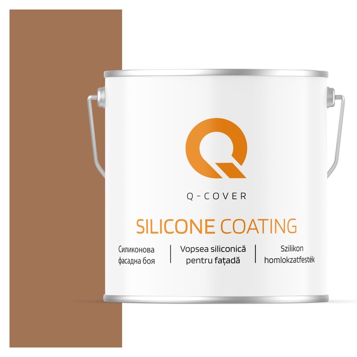 Vopsea siliconica pentru fatada, Q-Cover, Maro cald F576, Mat, Pe baza de apa, Fara substante toxice, Rezistenta raze ultraviolete, Uscare rapida, Protectie impotriva coroziunii biologice, 5L