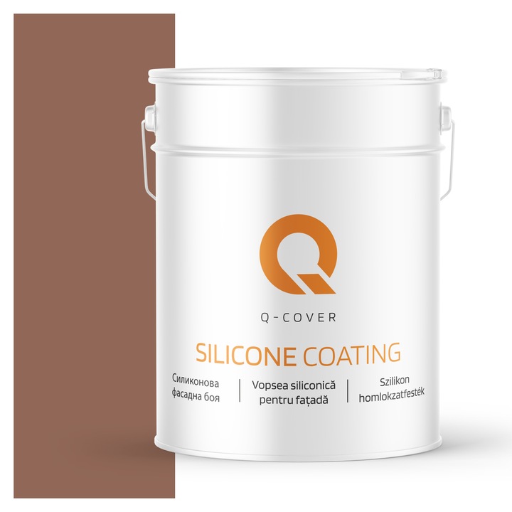 Vopsea siliconica pentru fatada, Q-Cover, Maro F516, Mat, Pe baza de apa, Fara substante toxice, Rezistenta raze ultraviolete, Uscare rapida, Protectie impotriva coroziunii biologice, 10L