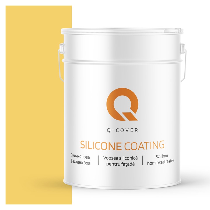 Vopsea siliconica pentru fatada, Q-Cover, Galben lamaie F624, Mat, Pe baza de apa, Fara substante toxice, Rezistenta raze ultraviolete, Uscare rapida, Protectie impotriva coroziunii biologice, 10L