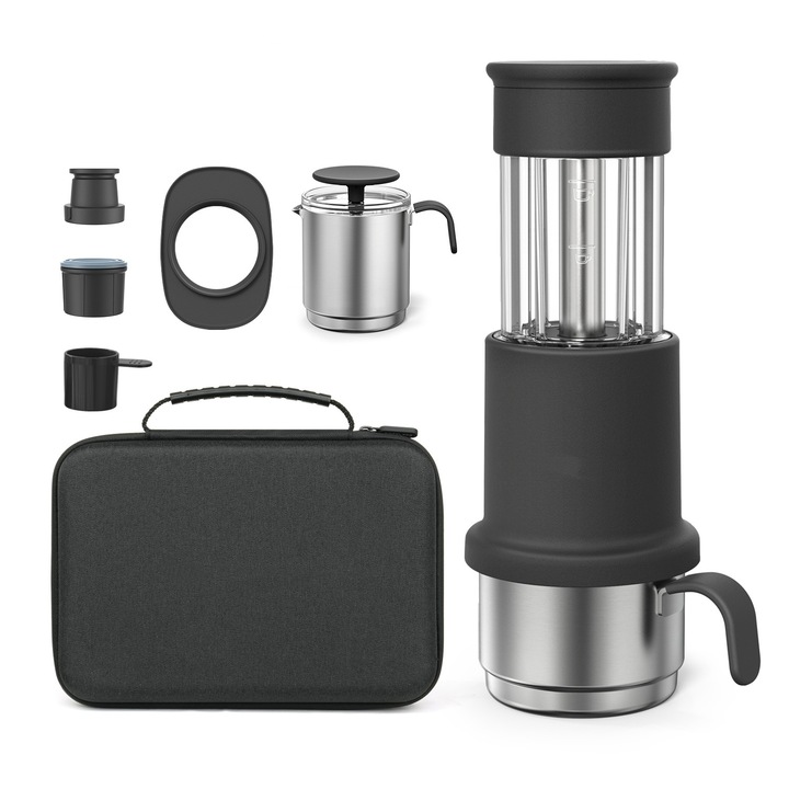 Espressor portabil, espresso, presa manuala, rezervor de apa de 80 ml, 15 bari, usor de curatat, esential pentru calatorii in aer liber, 110 x 78 x 208 mm, negru