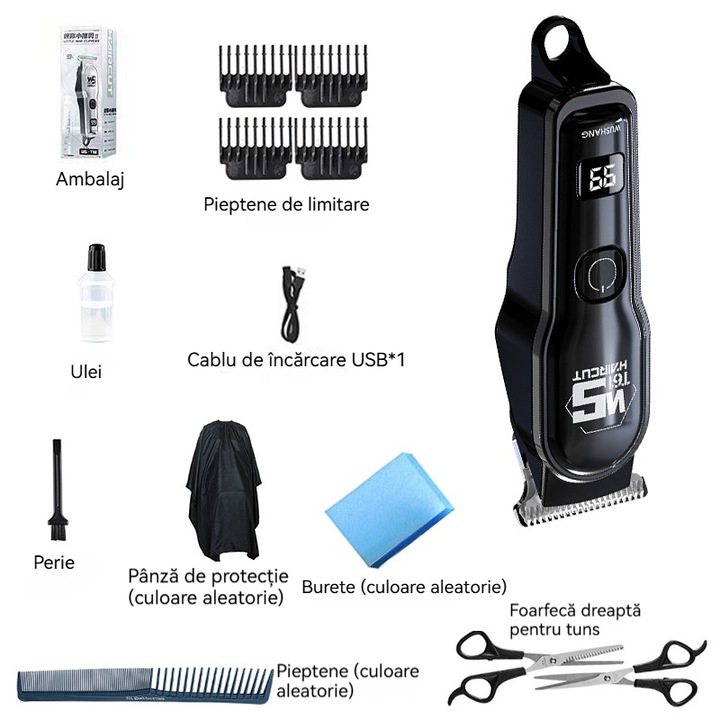 Aparat Electric de Taiat Par Fara Fir pentru Casa – Negru, cu Afisaj Nivel Baterie si Incarcare USB