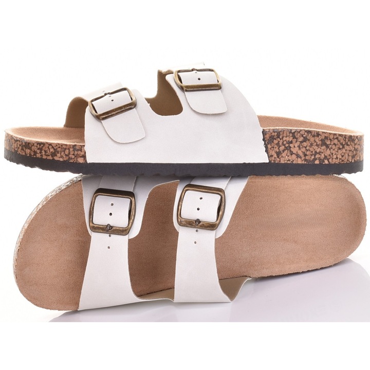 Slapi dama Martinus, albi, cu catarama, de vara, piele ecologica