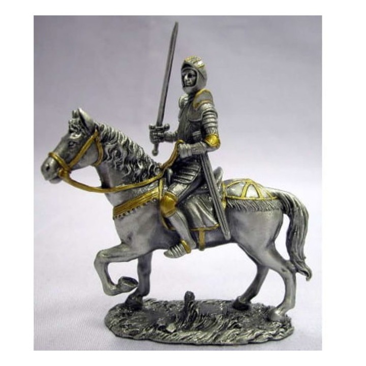 Statueta decorativa Cavaler medieval pe cal, Veronese, cositor pictat manual, 10cm