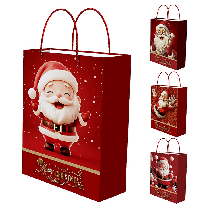 Set 4 x Pungi de cadou, model de Craciun, EZGETOP®, 26x32x12cm, Rosu-Alb