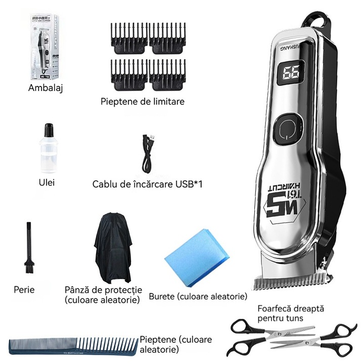 Aparat Electric de Taiat Par Fara Fir pentru Casa – Argintiu, cu Afisaj Nivel Baterie si Incarcare USB
