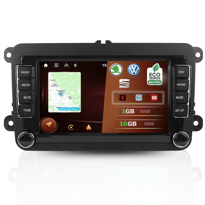 Navigatie Volkswagen / Skoda / Seat Android dedicata, MaxTech® ECO SERIE, Ecran 7” HD Touch, MirrorLink, Wifi, Bluetooth, GPS, Radio pentru Golf, Passat, Jetta, Octavia, Leon, Polo, Touran, Sharan