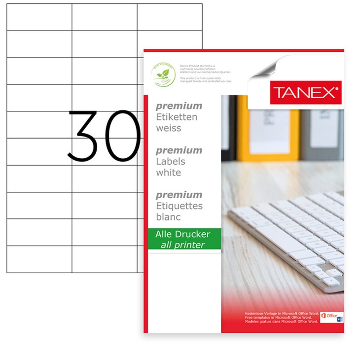 Set 3000 etichete autoadezive A4, 100 coli, 30 etichete/coala, 70x29.7 mm, albe, colturi drepte, pentru imprimante laser si inkjet, Tanex TW-2229