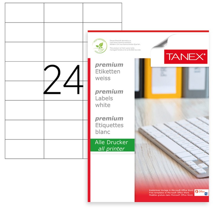 Set 2400 etichete autoadezive, 100 coli A4, 24 etichete/coala, 70x37.125 mm, albe, colturi drepte, pentru imprimante laser si inkjet, Tanex TW-2037
