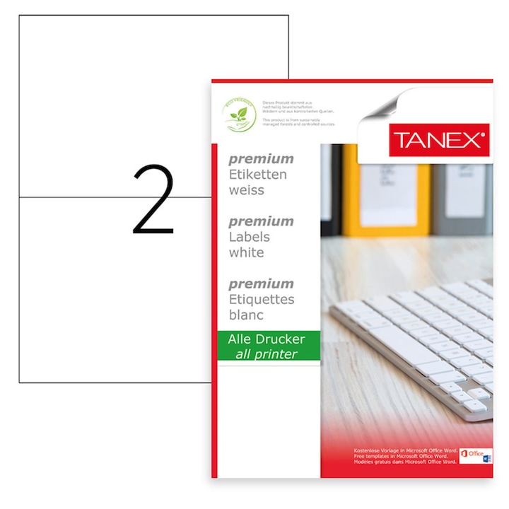 Set 200 etichete autoadezive A4, 100 coli, 2 etichete/coala, 210x148.5 mm, albe, colturi drepte, pentru imprimante laser si inkjet, Tanex TW-2102