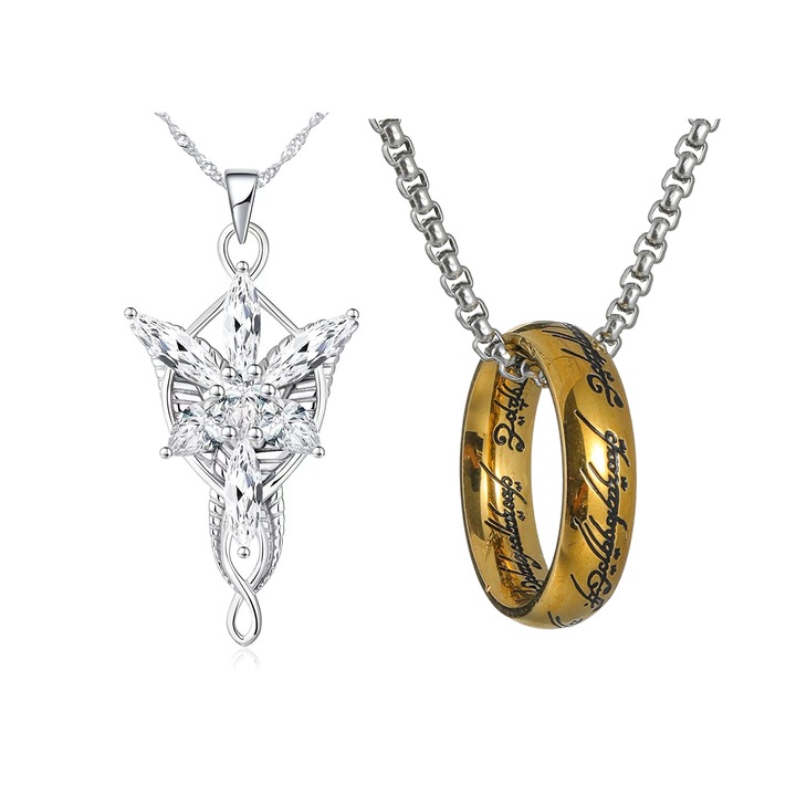 Set coliere Lord of the Rings, 2 coliere, inscriptii elvish, aliaj hipoalergenic, auriu si argintiu, universal
