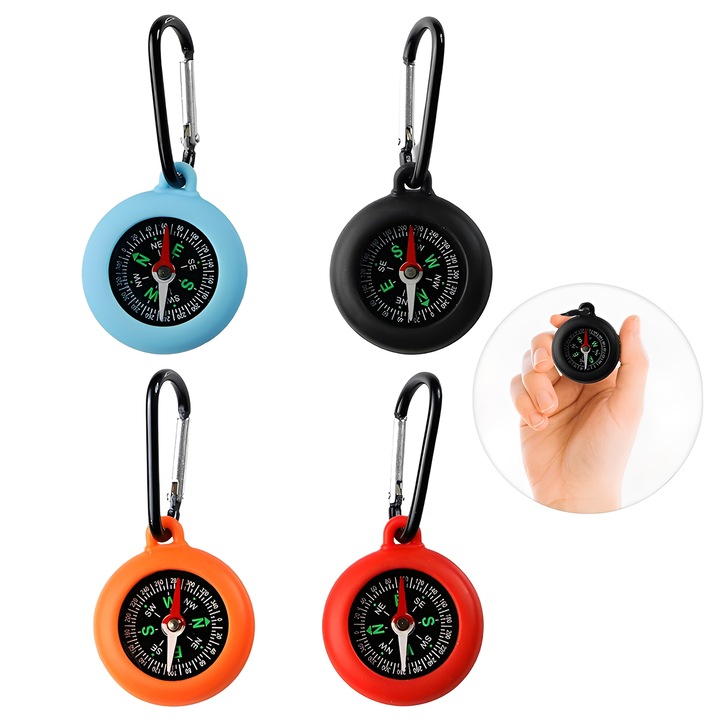 Set 4 busole, TREXORA, carabina, compact, 88x42mm, multicolor, rezistent la apa si socuri, pentru drumetii si camping