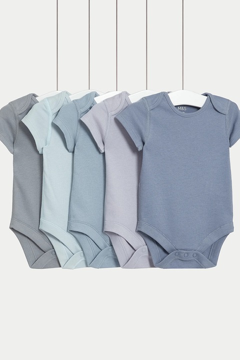 Marks & Spencer, Set de body-uri din bumbac - 5 piese, Albastru pastel/Albastru inchis/Albastru pal