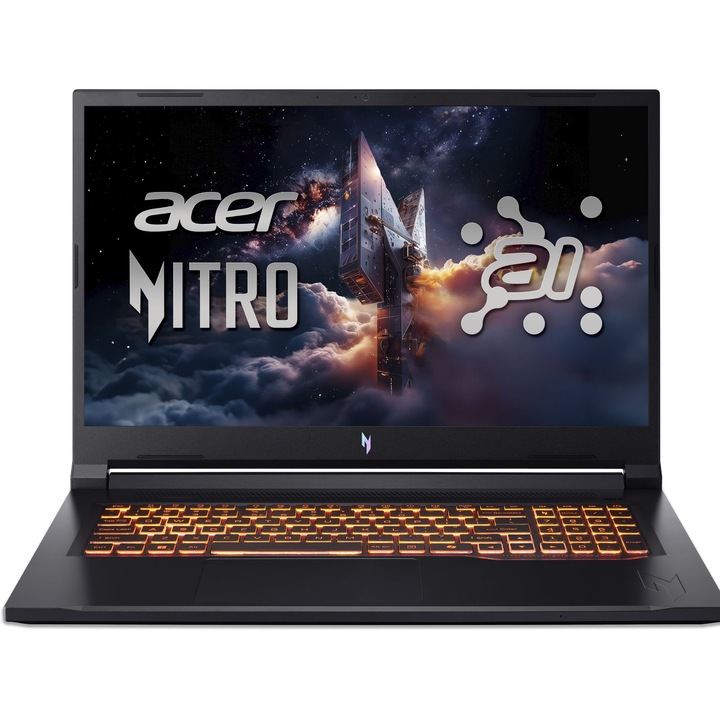 Лаптоп Acer Nitro V 17 AI ANV17-41-R7Z8 с AMD Ryzen 7 260 (3.8/5.1GHz, 16M), 16 GB, 1TB M.2 NVMe SSD, NVIDIA RTX 5070 8GB GDDR7 DLSS 4, Linux, Черен