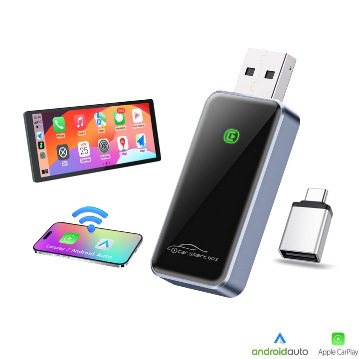 MINI Vezeték Nélküli Autós Adapter 2in1 BIZAIMO Carplay és Android Auto, Bluetooth 5.3, Kétmagos, Automatikus újracsatlakozás, WIFI 2.4GHZ és 5GHZ, iOS 10+, Android 12+, USB-C Adapter, Alumínium + Üveg, Android Auto és Carplay rendszerhez, Fekete
