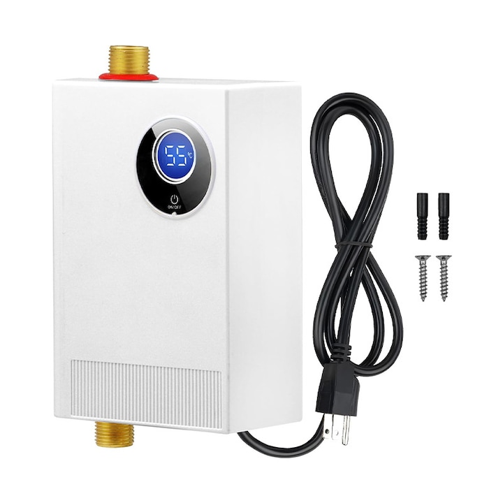 Incalzitor instant electric pentru apa, Rqiurpn, 220V, 3800W, Display LCD, Temperatura constanta, Protectie electrica IPX4, Design compact, Montare deasupra chiuvetei, Alb