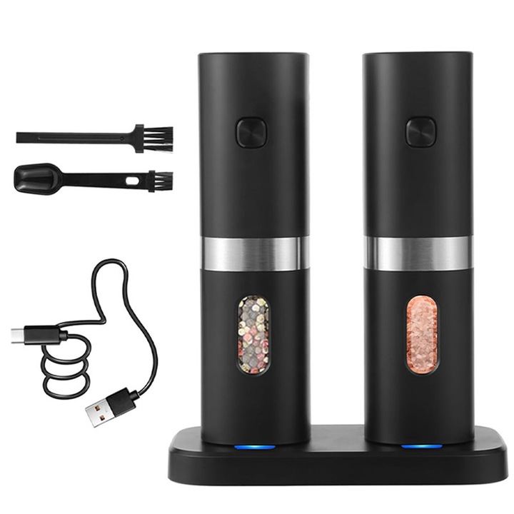 Set 2 rasnite electrice pentru sare si piper, Rqiurpn, 5 niveluri de granulatie, Stand incarcare USB, Design ergonomic, Ustensila de curatare, Negru