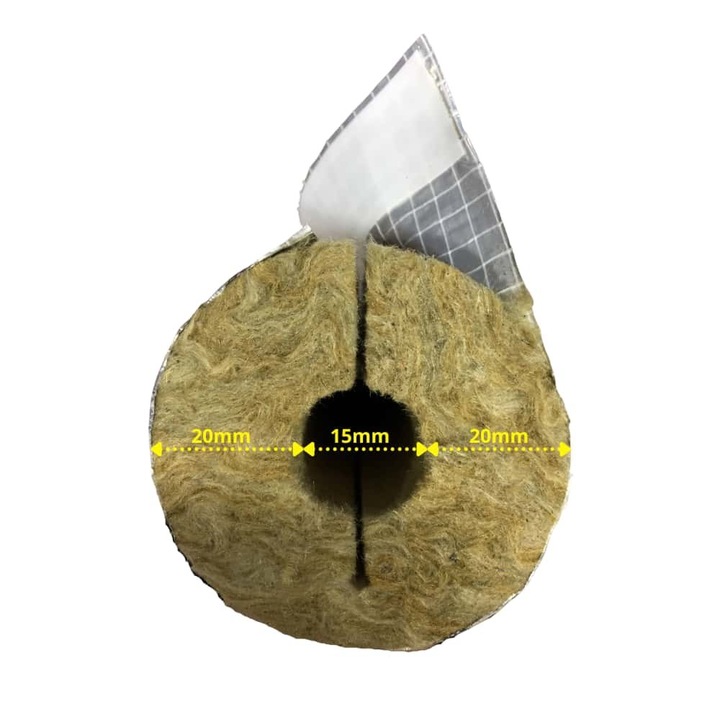 Топлоизолация за тръби, NMC, минерална вата с алуминиев слой, 1 м, вътрешен диаметър 15 мм, дебелина 20 мм