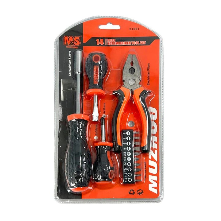 Професионален комплект от 14 части с отвертки, клещи и 10 сменяеми бита, изработени от хром-ванадиева стомана за ремонти и поддръжка