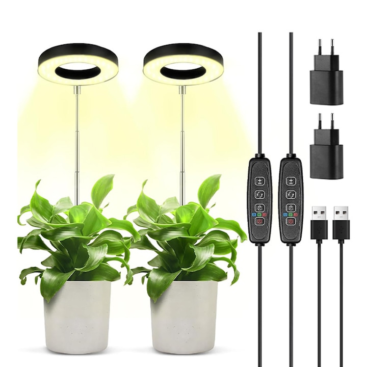2 db teljes spektrumú LED munkalámpa készlet, Rqiurpn, 48 LED, állítható magasság, 3/9/12H időzítő, 9 fényerőszint, 5V, 10W, USB adapterrel, beltéri növényekhez