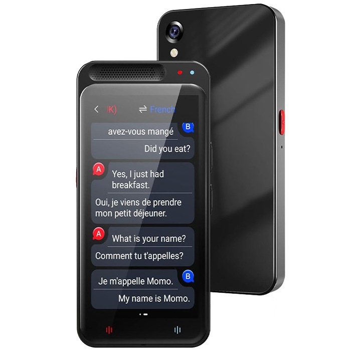 Traducator inteligent bidirectional in timp real, Rqiurpn 139 limbi on-line, 20 limbi off-line, Ecran tactil 5.0 inch, Asistent AI, Bluetooth, Functii de Traducere Foto si Inregistrare, Conversie curs valutar, 1500 mAh, Negru