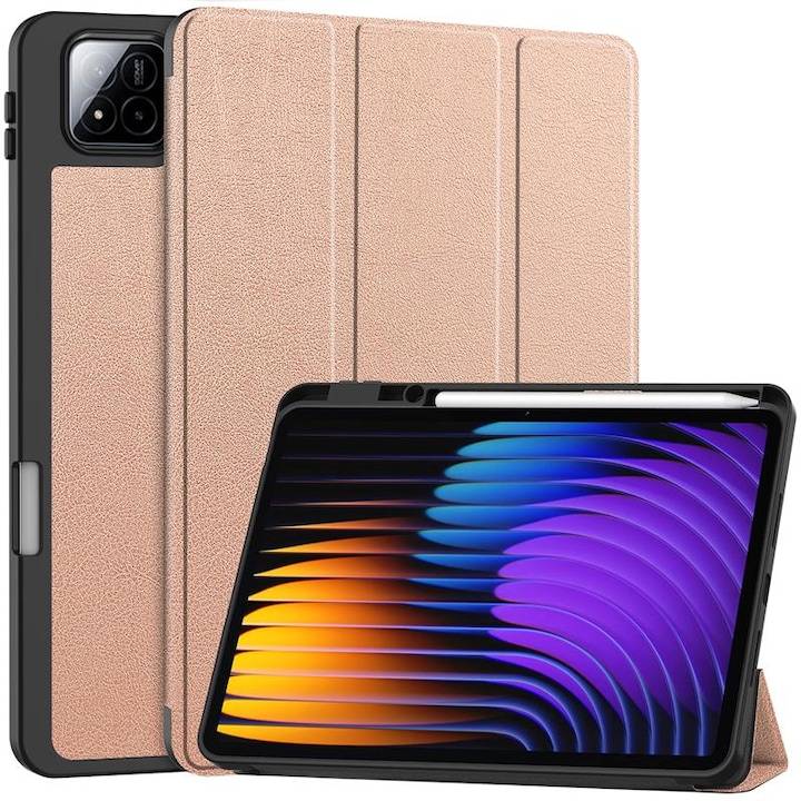 Husa inteligenta Xiaomi Pad 7/7 Pro 11.2” cu stylus, trezire automata, suport si protectie, auriu-roz, piele ecologica + plastic