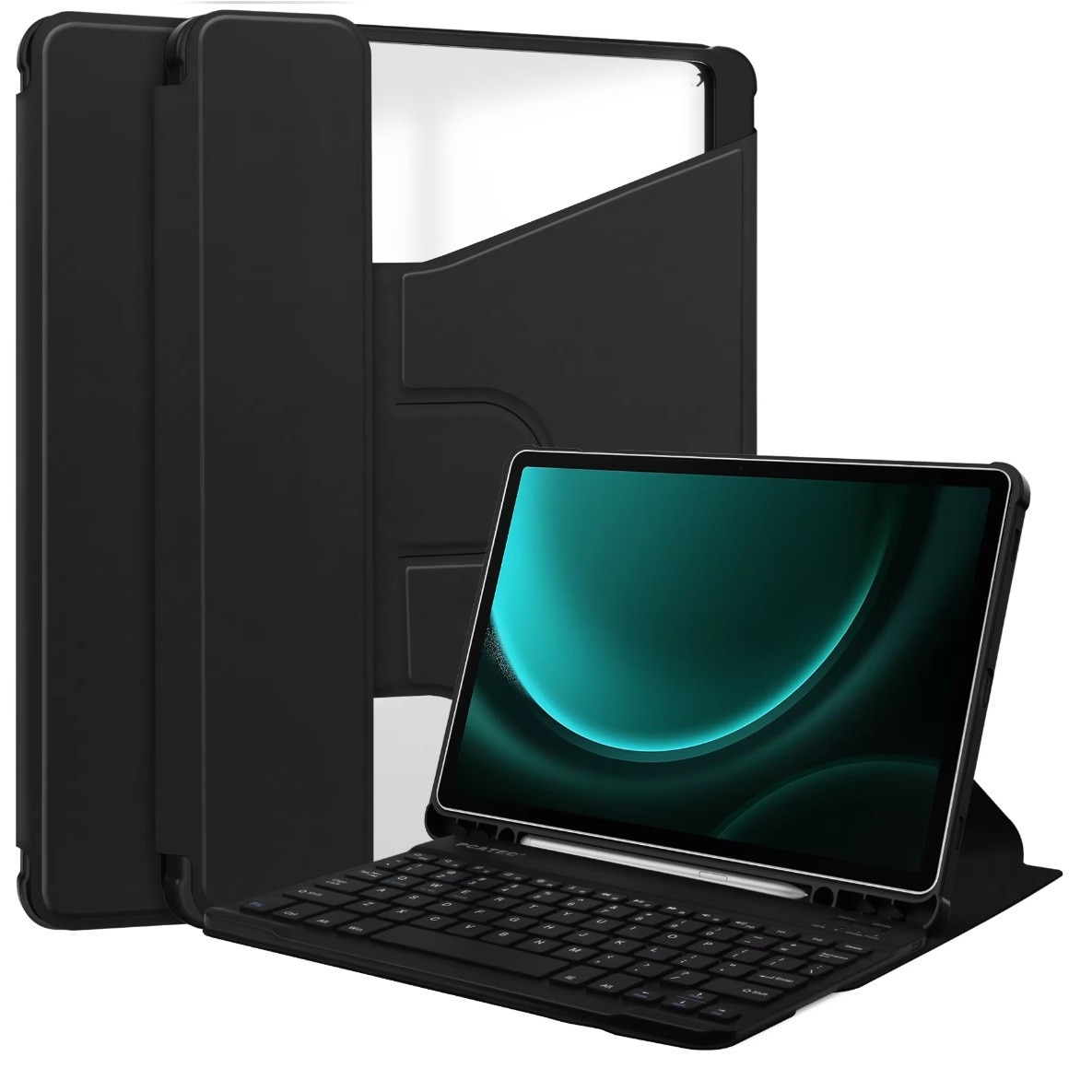 Husa cu tastatura wireless Samsung S9 FE 10.9” – suport, acces porturi, atasament magnetic, neagra, piele ecologica, set husa + tastatura, captuseala, potrivire perfecta