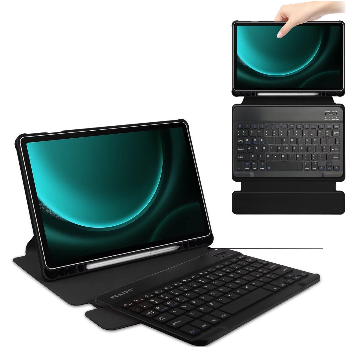 Husa cu tastatura wireless Samsung S9 FE 10.9” – suport, acces porturi, atasament magnetic, neagra, piele ecologica, set husa + tastatura, captuseala, potrivire perfecta