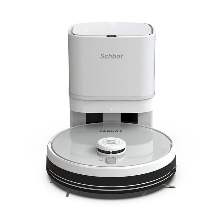 Робот прахосмукачка Schbot F1 Pitbox, автоматично изпразване и станция за зареждане, 3-в-1, почистване на подове, сухо и мокро почистване, автономност 55 - 110 минути, бяла
