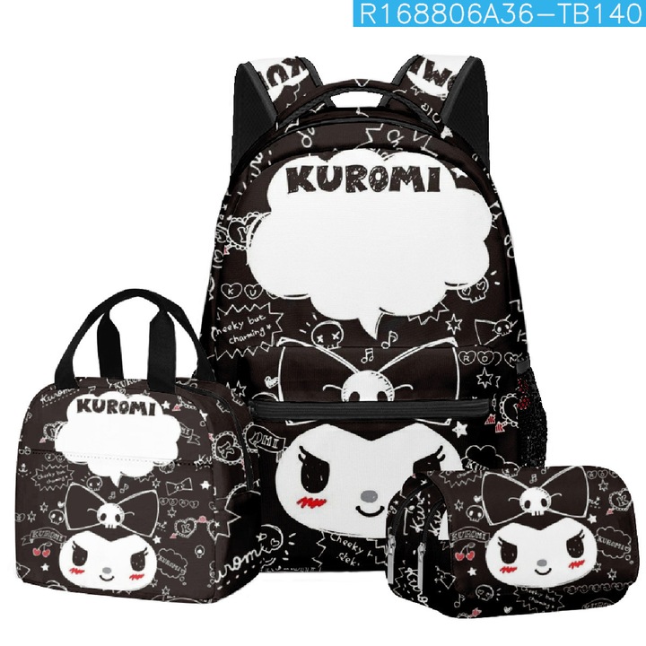 Ghiozdan pentru elevi Kuromi, set din trei piese (ghiozdan scolar + geanta de pranz + penar), multicolor, 30x17x40cm, Bag-64