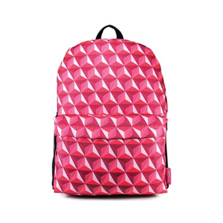 Modern és laza iskolai hátizsák lányoknak, 3D geometrikus mintával rózsaszín árnyalatokban, tágas és strapabíró, ideális diákoknak vagy mindennapi tevékenységekhez.