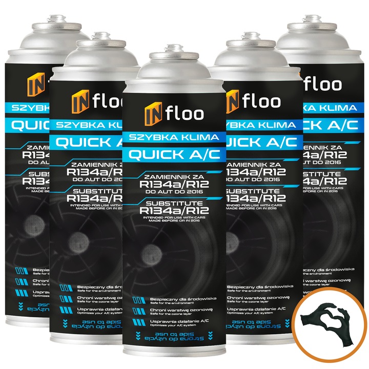 Set 5x agent frigorific auto INfloo Quick A/C R134a, 1.725L – pentru masini pana in 2016 + manusi nitril GRÁTIS