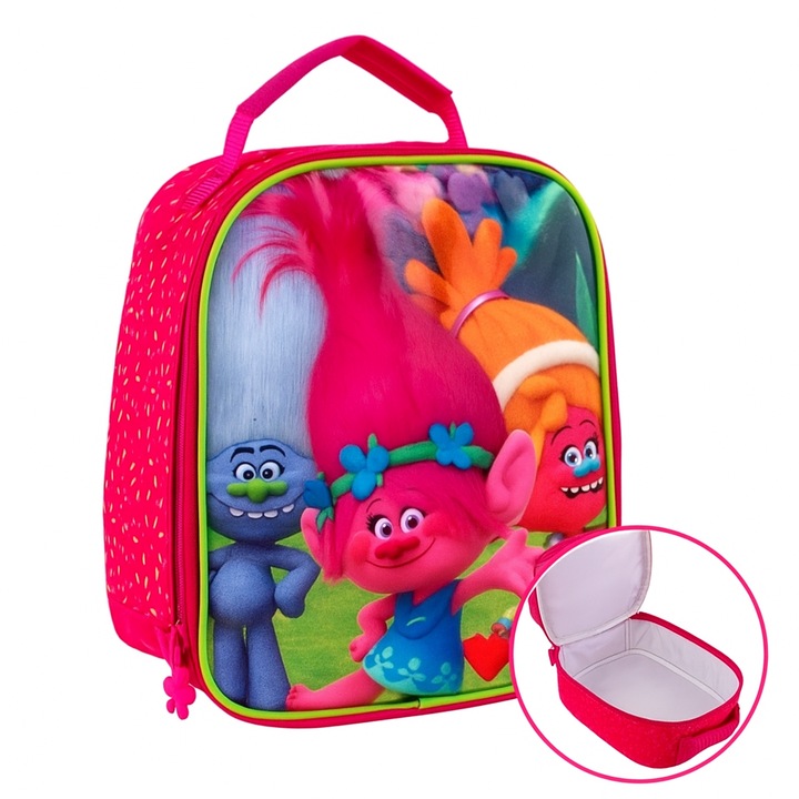 ANGMAD hőszigetelt táska, Trollok modell, ideális reggeli/ebéd hőmérsékletének fenntartására, óvodások és iskolások számára, 24x20x12cm, többszínű rózsaszín