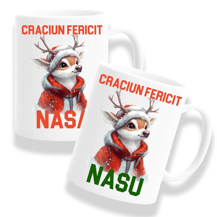 Set 2 cani personalizate Nasi parinti cu mesaj:"Craciun fericit nasa/nasu", Model ren 2, Betaprint, 330ml, ceramica, alb