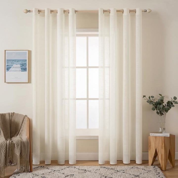 Perdele cu inele, Miulee, 140x225cm, semi-transparente, alb fildes, set 2 bucăți