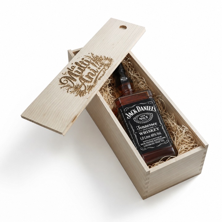 Pachet Cadou Whiskey Jack Daniel's Old No.7, 40%, Cutie de Lemn cu Capac Personalizat 0.7L