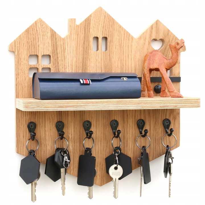 Organizator chei cu raft, stejar natural, 28x30cm, 6 carlige, produs pentru autoasamblare, WoodExpert, ModernClock