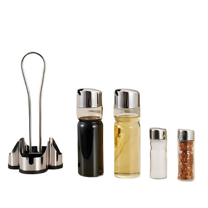 Set oliviera 4 piese, ANGMAD, sticle pentru ulei/otet 200 ml, solnite sare/piper, metalic și transparent