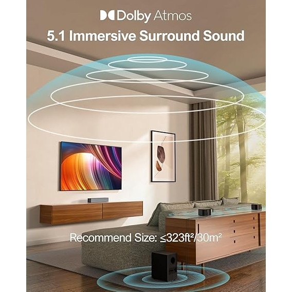 ULTIMEA Soundbar 5.1 cu Dolby Atmos, Sistem de sunet surround 3D, Soundbar pentru televizoare cu subwoofer, 2 boxe spate, Soundbar Bluetooth 5.3 cu bas reglabil, model Poseidon D60