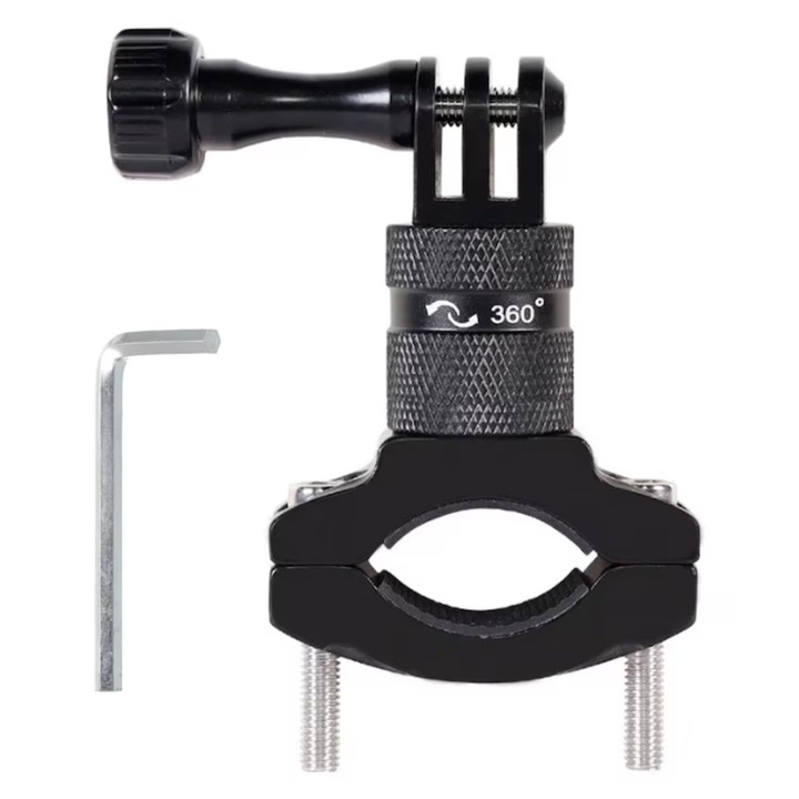 Kormányra/Kerékpárra szerelhető tartó, 360 fokos forgatás, Átmérőtartomány 15-35 mm, Kulccsal, GoPro Hero 7/6/5/4/3 kamerákkal kompatibilis, Alumíniumötvözet, Fekete