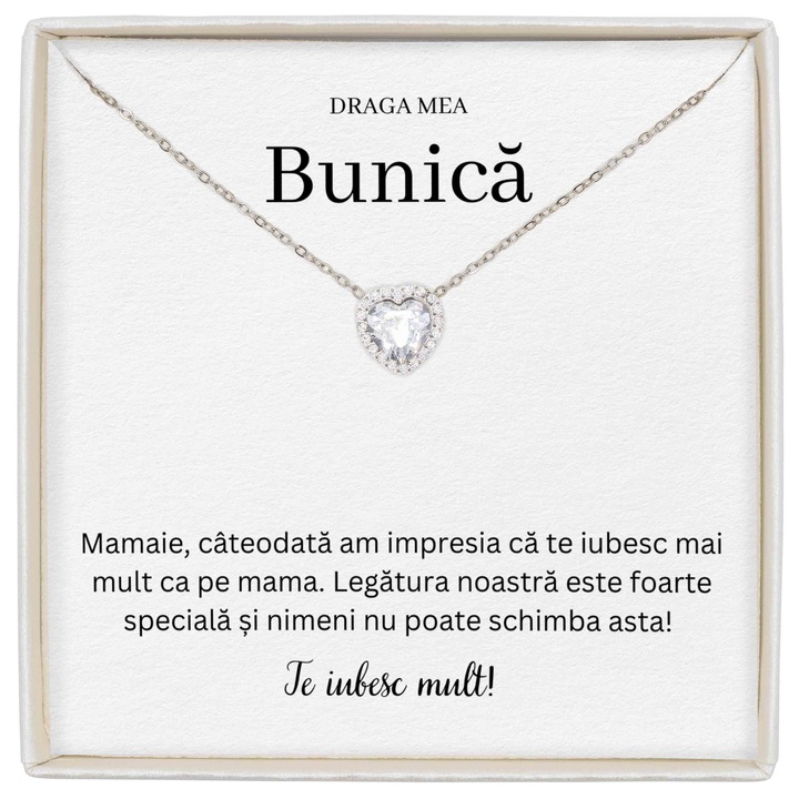 Cadou Pentu Bunic, Colier Forever Yours, Piatra Zirconiu, Mesaj De Iubire Pentru Bunica Ta, Colier Inima, Lungime 41+5cm