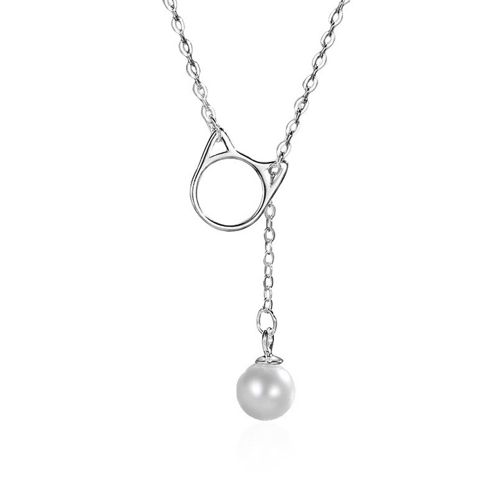 Colier Dama Argint 925 Minimalist, Colier Argint Cu Pandantiv Silueta Felina, Perla De Cultura Alba, Design Elegant Asimetric, Lant Slip Chain Ajustabil 42,5 Cm + 5,5 Cm, Bijuterie Delicata Pentru Femei, Cadou Valentine’s Day Si 8 Martie, Argintiu