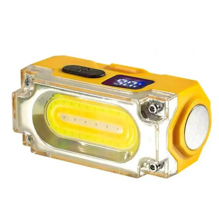 Преносим многофункционален COB LED челник с щипка за капачка, индикатор за захранване, жълт цвят