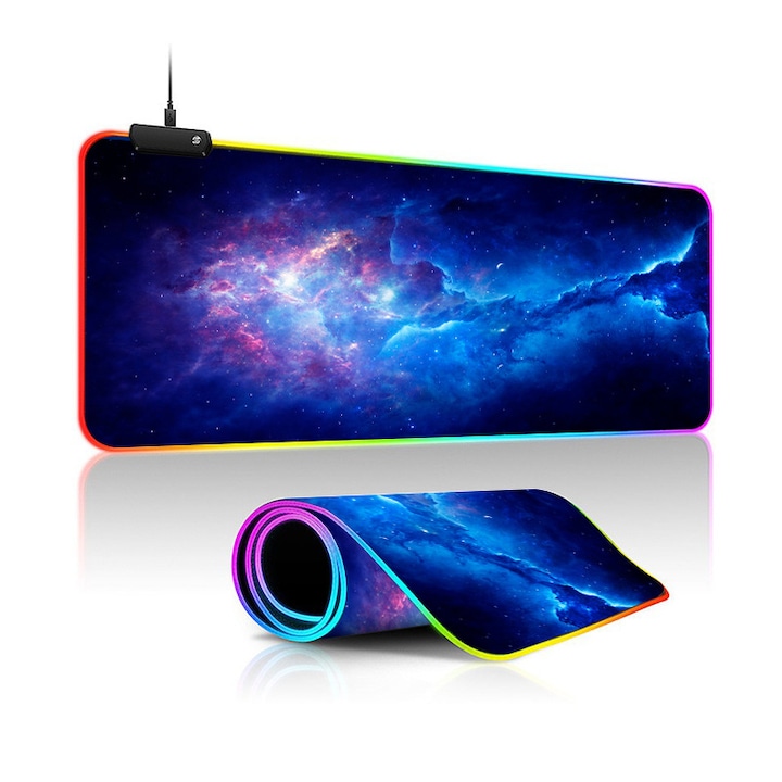 Mousepad gaming, 14 moduri de iluminare LED, USB, 31.5x11.8 in, anti-alunecare, rezistent la rupere, stil Galaxy
