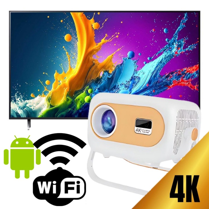 Videoproiector Smart LED Premium AMYMAT, Android 13, 4K UltraHD, Portabil, Autofocus, Difuzor Incorporat, Wi-Fi6, Bluetooth 5.0, Proiectie Ajustabila, 200Ansi, HDMI, USB si Mirroring Android/IOS, 1 GB RAM, 8 GB memorie, Rotatie 180 Grade Portocaliu