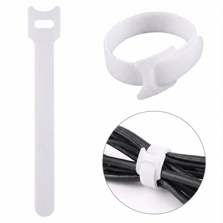 Set 10 organizatoare cabluri reutilizabile, 12 mm x 150 mm, alb